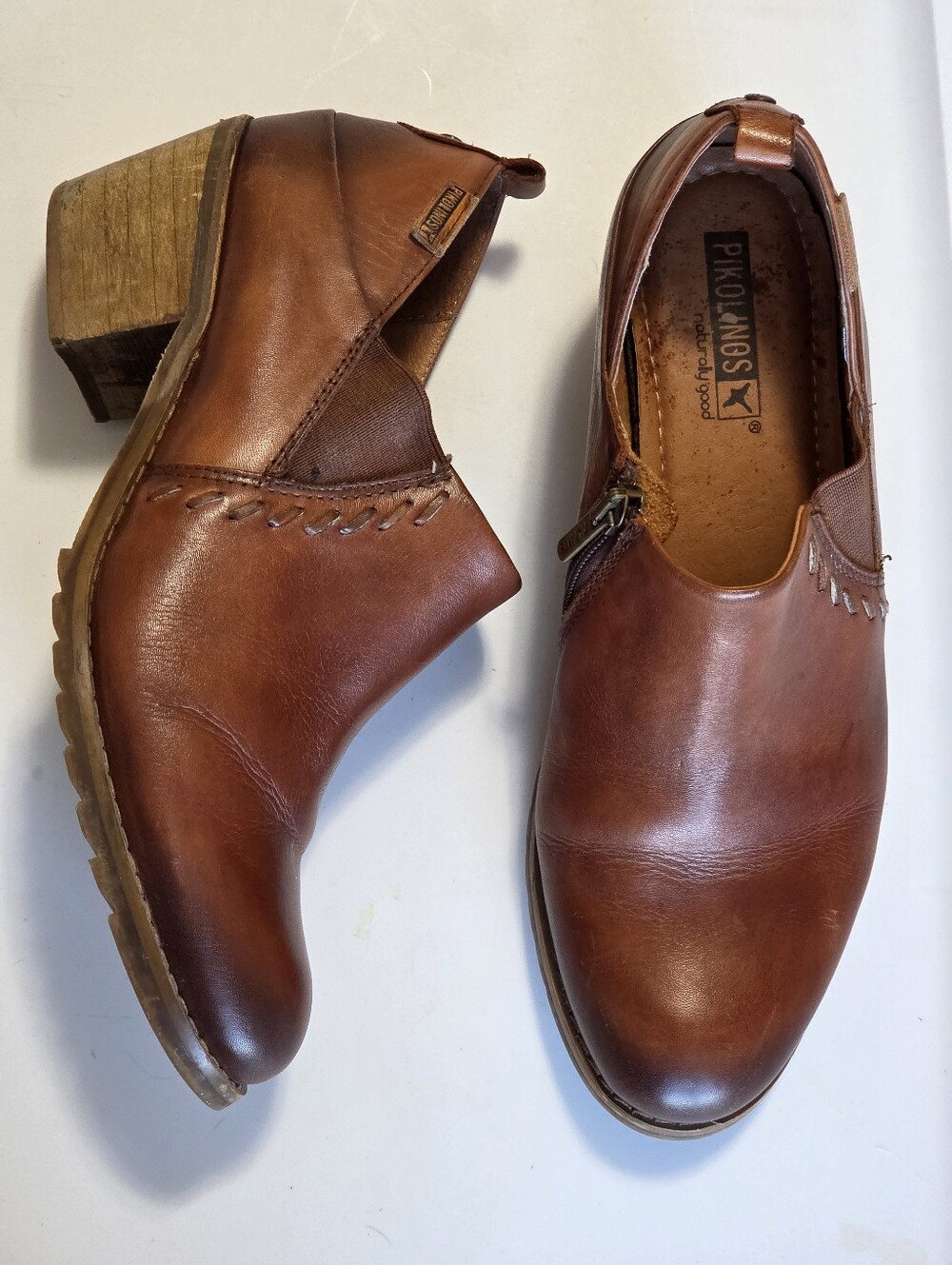 PIKOLINOS Brown Leather Whipstitch Block Heel Mules Ankle Bootie Sz 39 (8.5-9US)